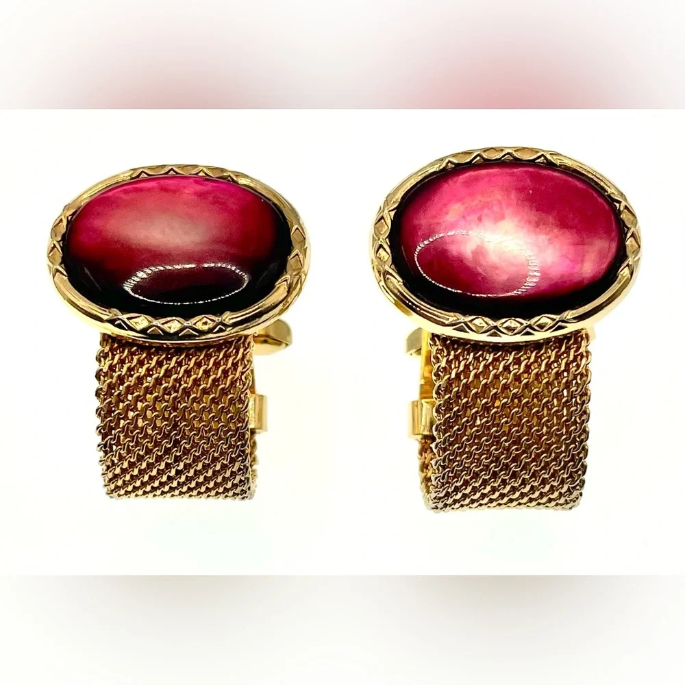 Vintage Gold Tone Mesh Wrap Around Cufflinks Red Cabochon Center